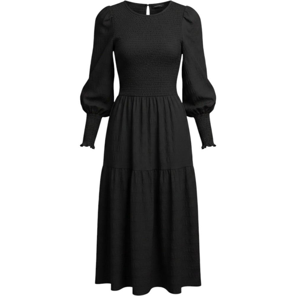 Fashion Womens Black Smocked Tiered Midi Dress Long Sleeve Textured Large NEW